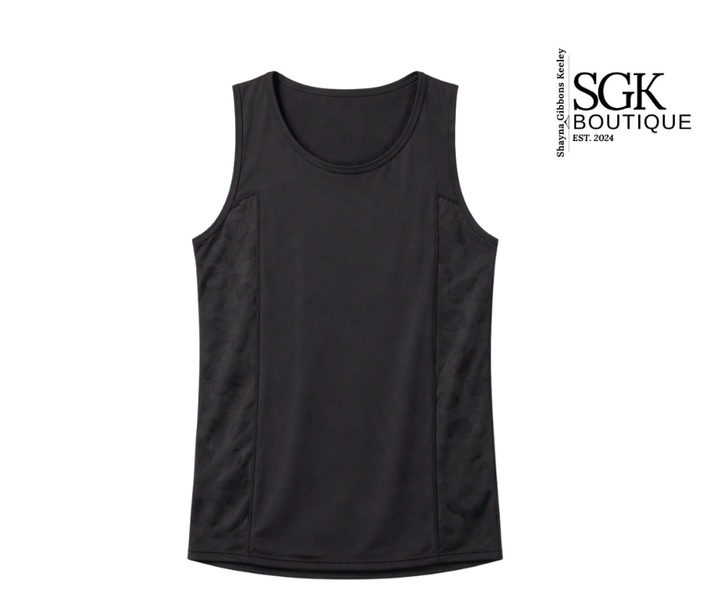 Black tank top on a white background with SGK Boutique logo.