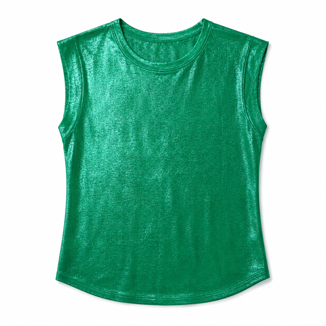 A green sleeveless crop top with a crew neck, displayed flat against a white background.