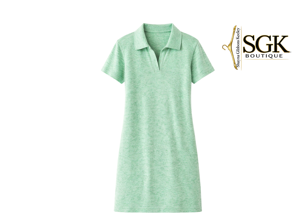 Green dress with a collar on a white background, featuring the SGK Boutique logo.