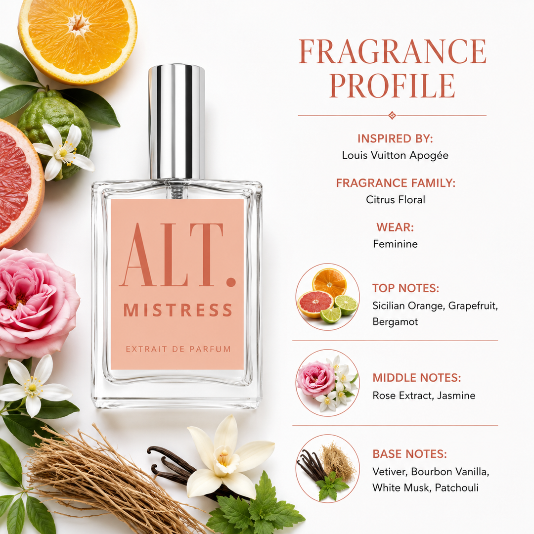 A perfume bottle labeled ALT. MISTRESS Extrait de Parfum is centered on a white background with surrounding fruit slices, roses, vanilla beans, and white flowers.