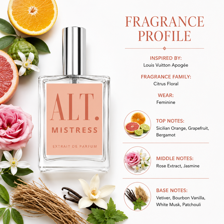 A perfume bottle labeled ALT. MISTRESS Extrait de Parfum is centered on a white background with surrounding fruit slices, roses, vanilla beans, and white flowers.