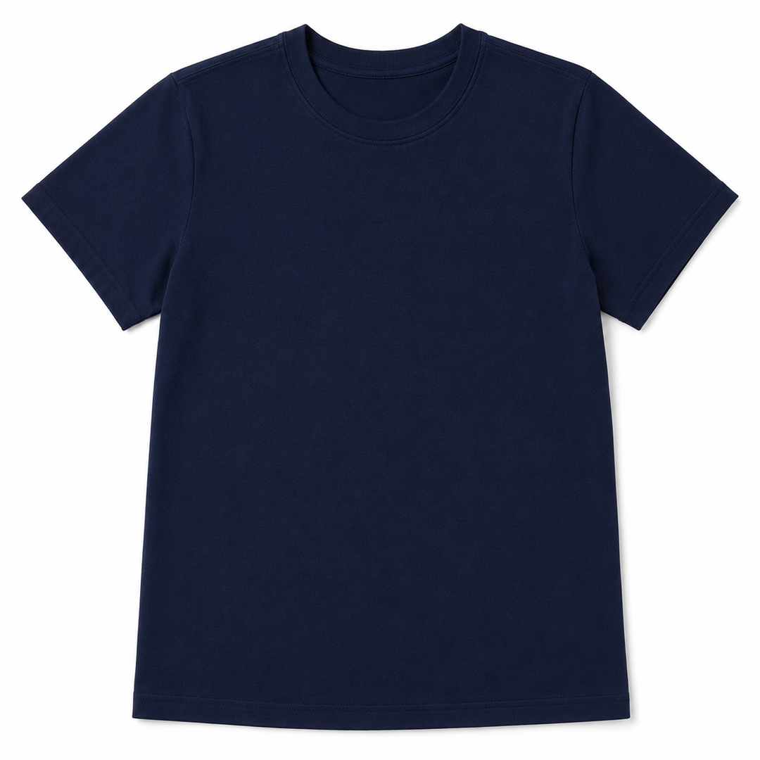 Navy blue t-shirt on a white background