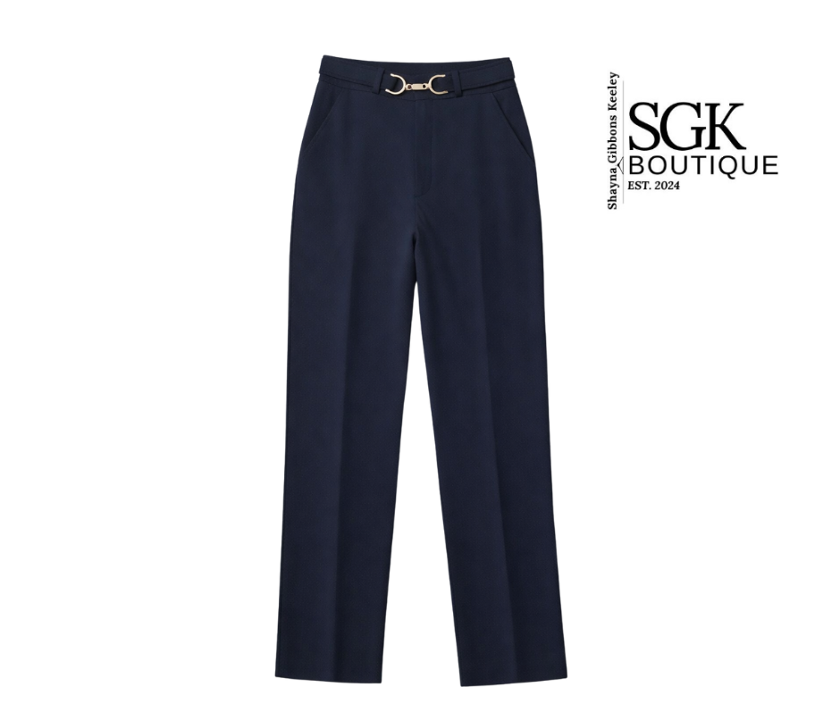 Navy blue pants with a belt on a white background, featuring the SGK Boutique logo.
