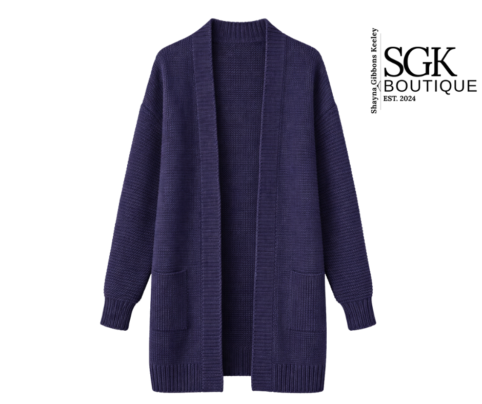 Navy blue cardigan on a white background with SGK Boutique branding.