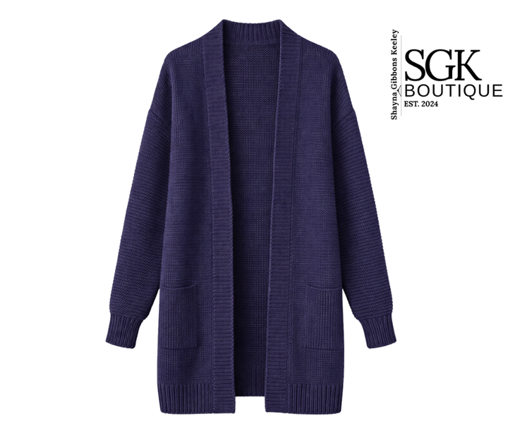 Navy blue cardigan on a white background with SGK Boutique branding.