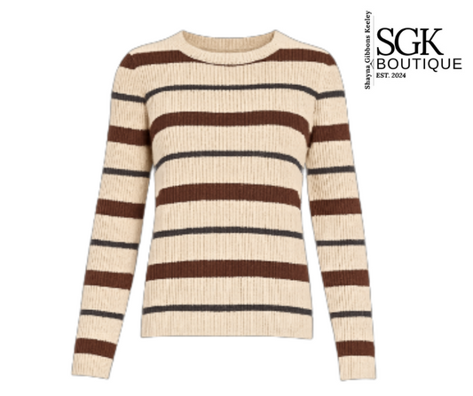 Beige and brown striped sweater with SGK Boutique logo on a white background