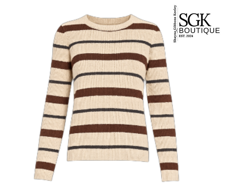 Beige and brown striped sweater with SGK Boutique logo on a white background