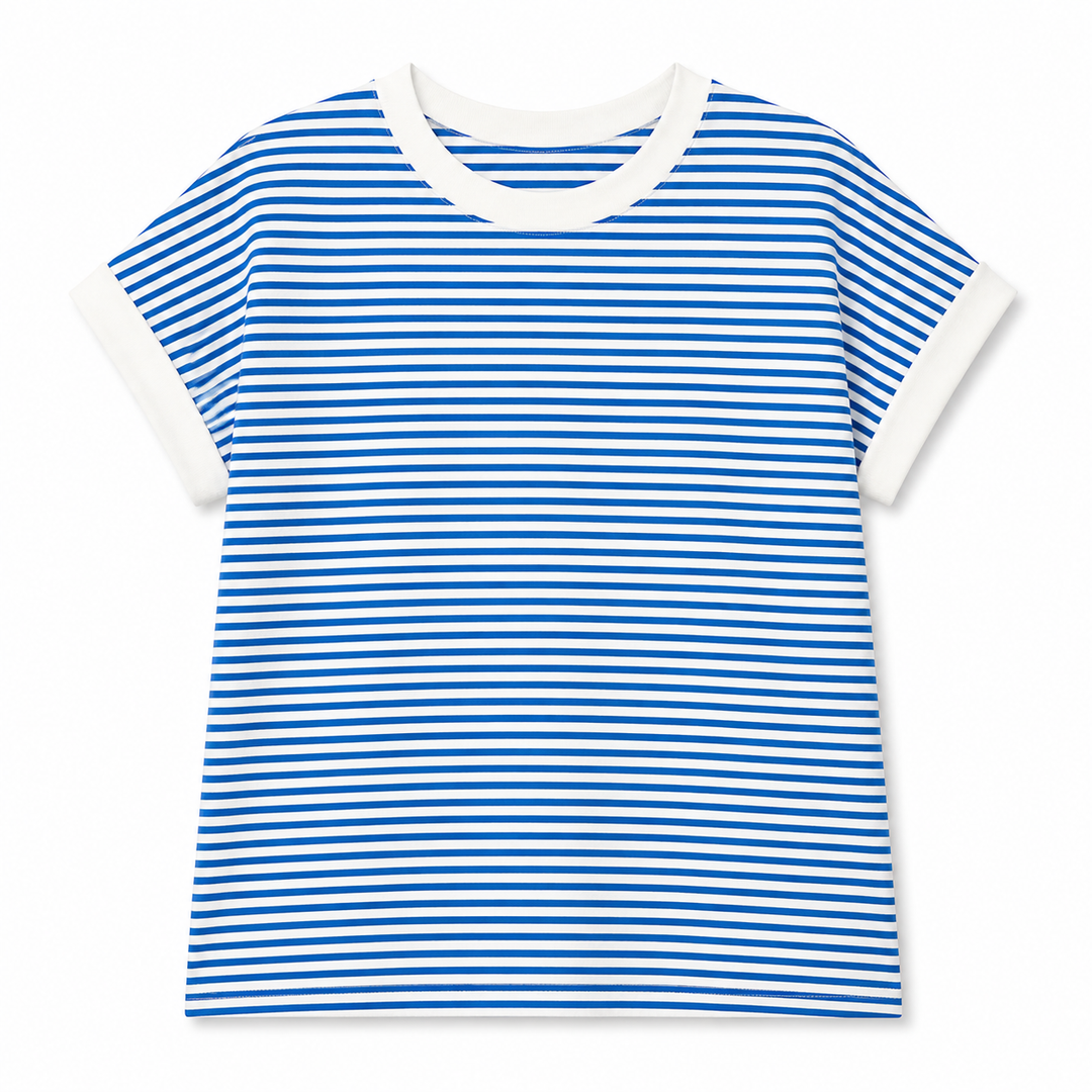 Blue and white striped t-shirt on a white background