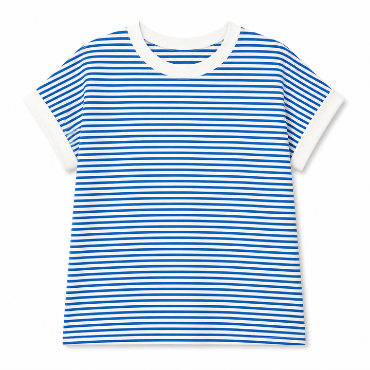 Blue and white striped t-shirt on a white background