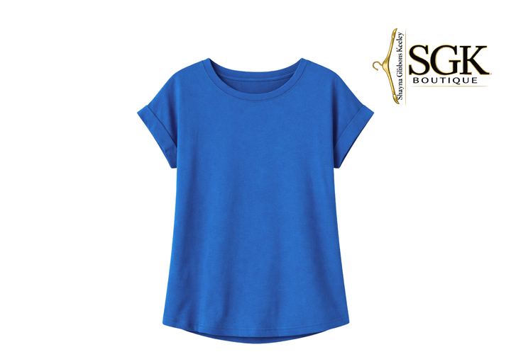 Blue t-shirt on a white background with SGK Boutique logo.