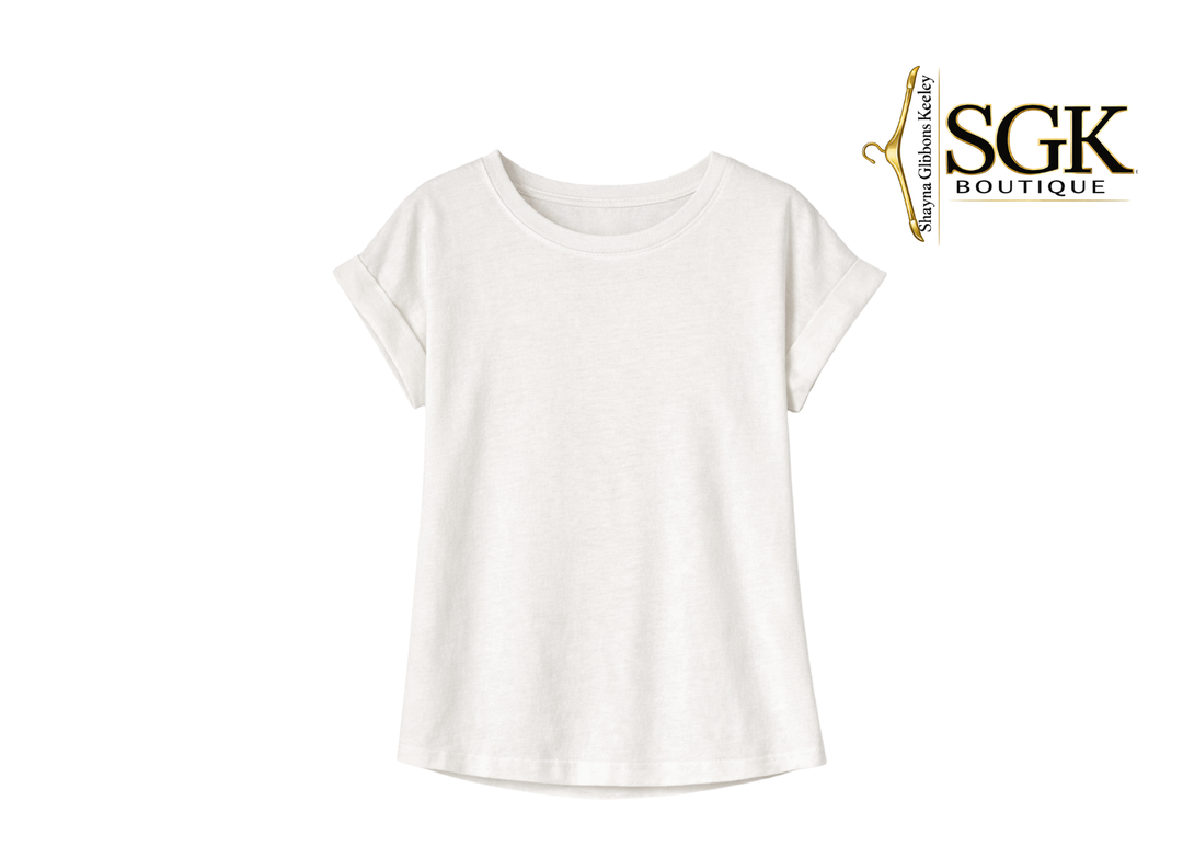 White t-shirt on a white background with SGK Boutique logo.