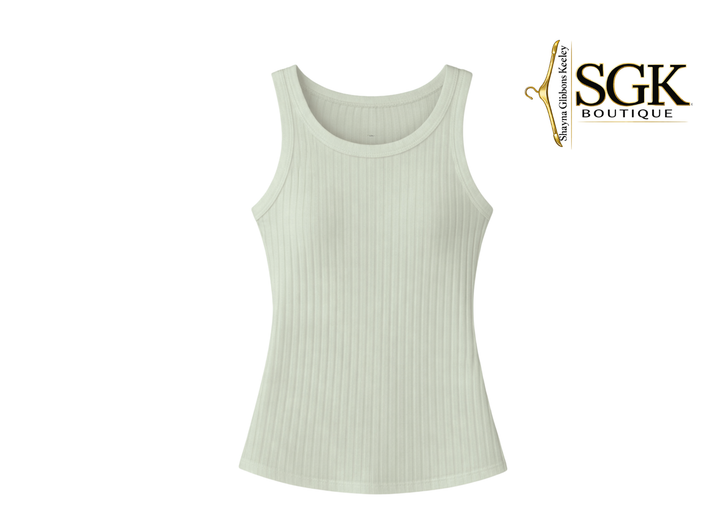 Off white ribbed tank top on a white background with SGK Boutique logo.