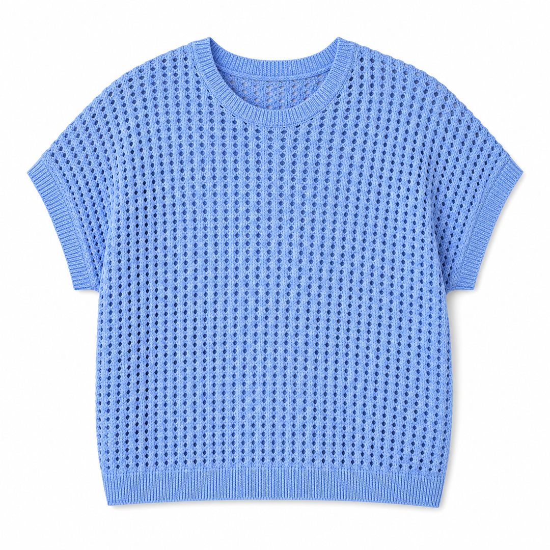 Blue knitted short-sleeve sweater on a white background