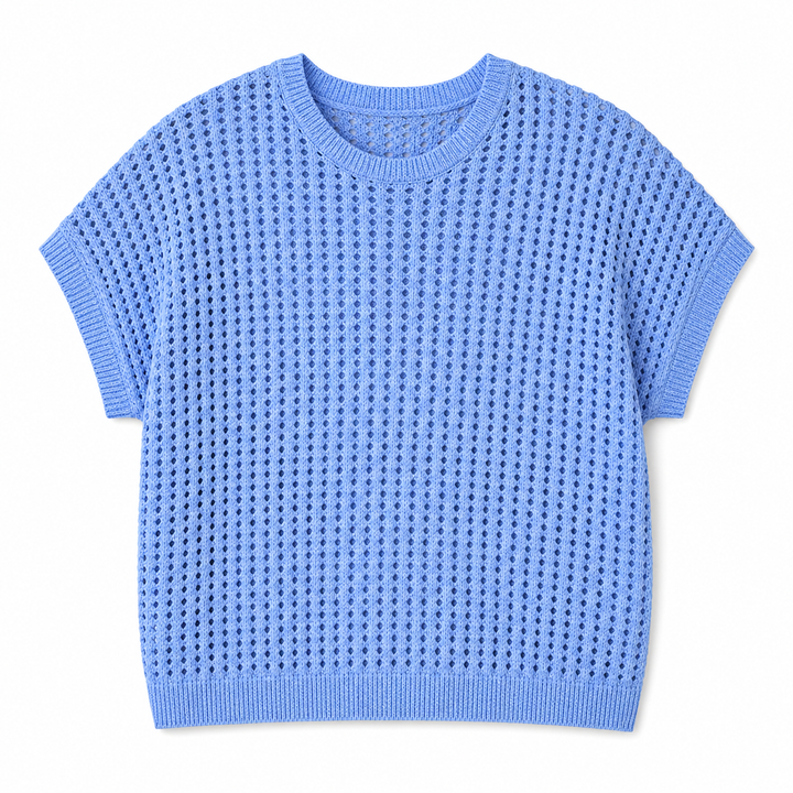 Blue knitted short-sleeve sweater on a white background