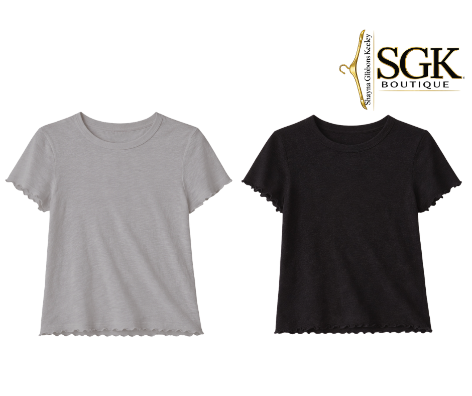 Gray and black t-shirts with SGK Boutique logo on a white background