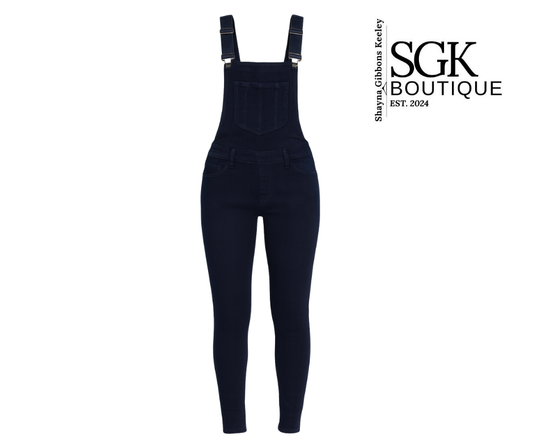denim overalls on a white background with SGK Boutique branding.