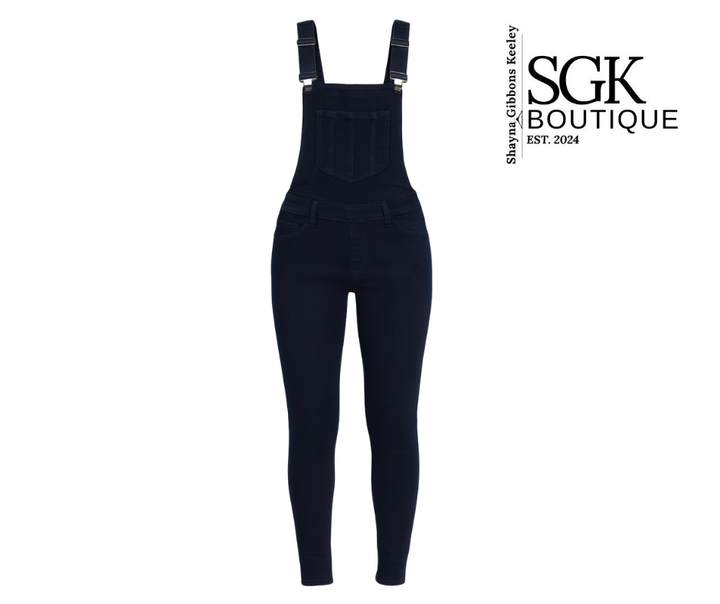denim overalls on a white background with SGK Boutique branding.