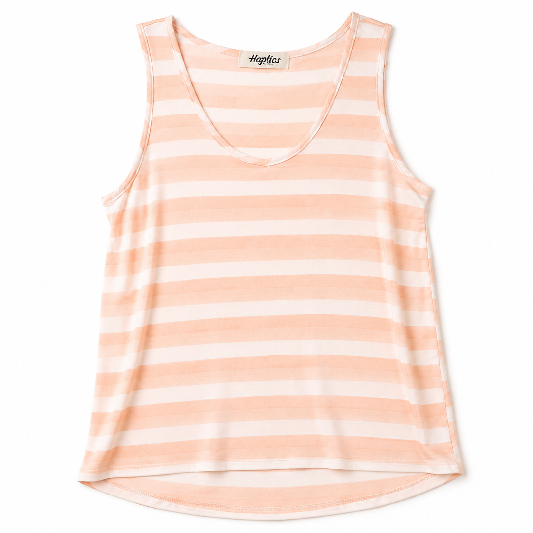 A sleeveless scoop-neck tank top with horizontal peach and white stripes, laid flat against a white background. The brand name 'highs' is visible on the inner neck label.