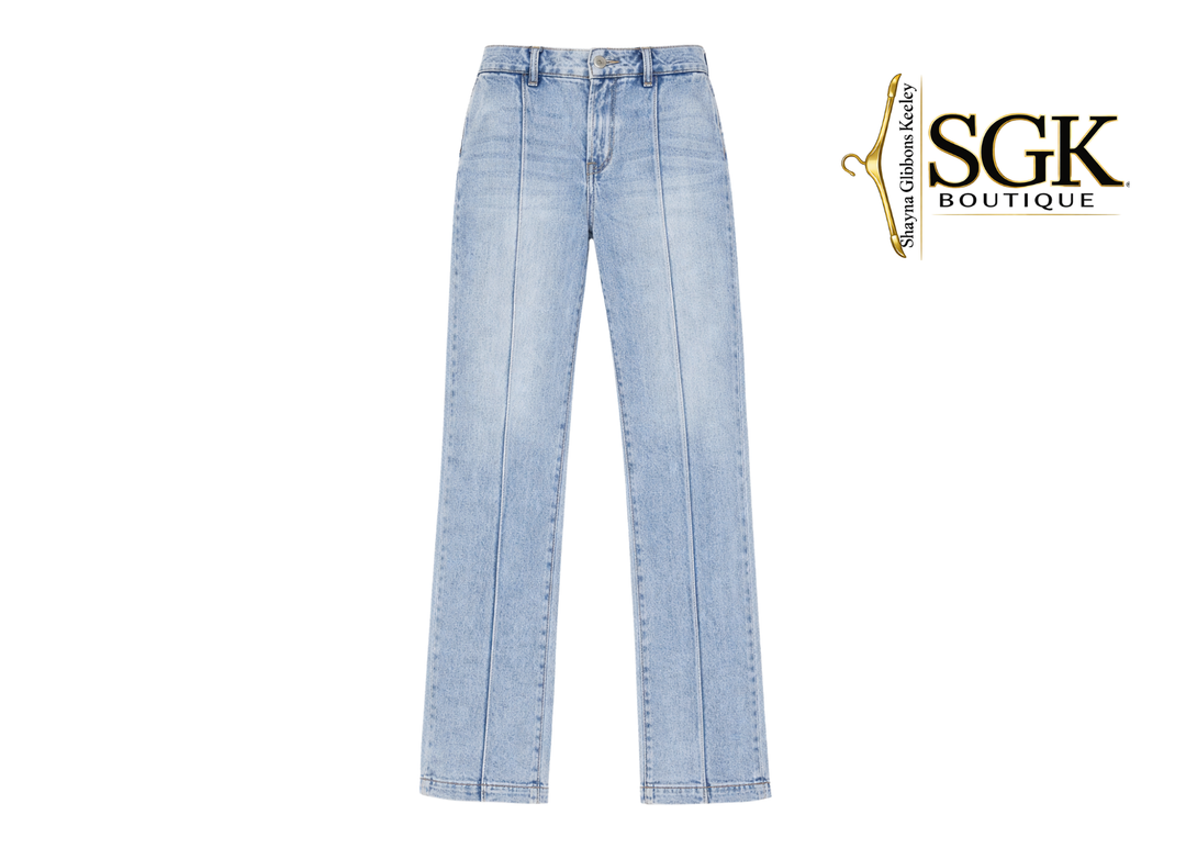 Light blue jeans on a white background with SGK Boutique logo.