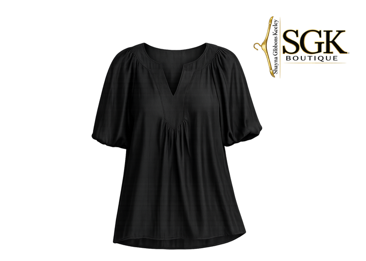 Black blouse with puff sleeves on a white background, featuring the SGK Boutique logo.