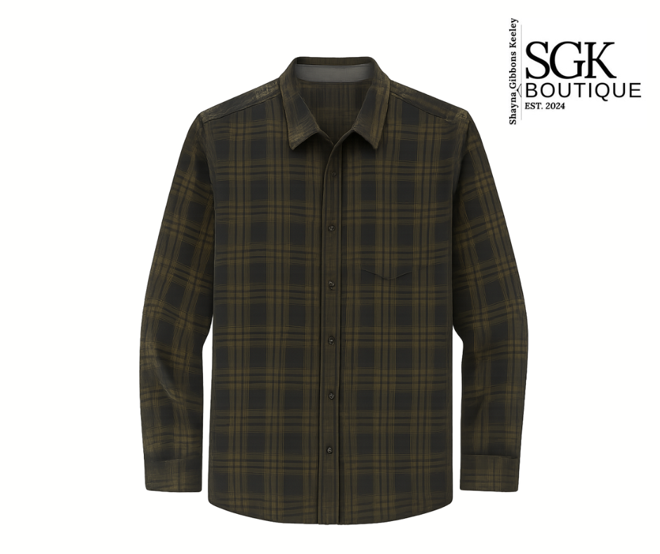 Plaid shirt on a white background with SGK Boutique logo.