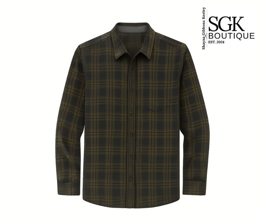 Plaid shirt on a white background with SGK Boutique logo.