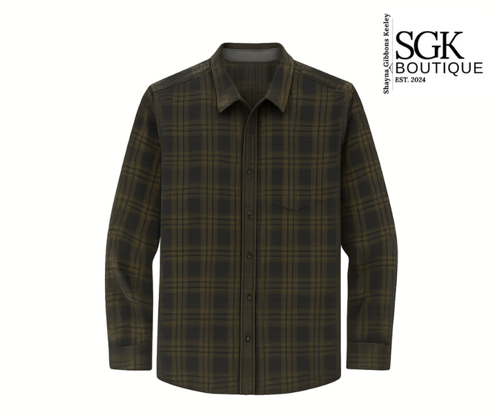 Plaid shirt on a white background with SGK Boutique logo.