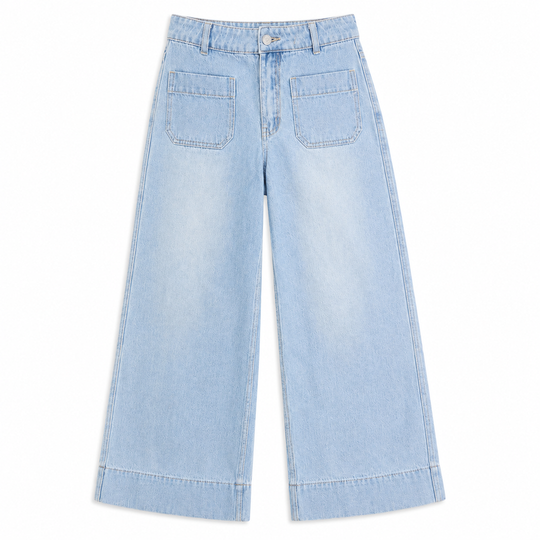 Light blue wide-leg denim jeans with a faded wash, featuring two front patch pockets, a button fly, and cuffed hems, shown flat on a white background.