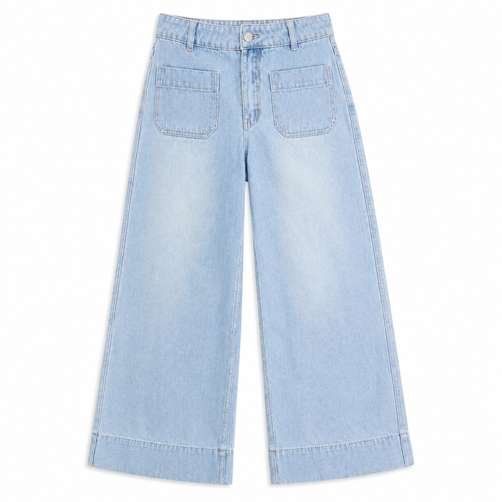 Light blue wide-leg denim jeans with a faded wash, featuring two front patch pockets, a button fly, and cuffed hems, shown flat on a white background.