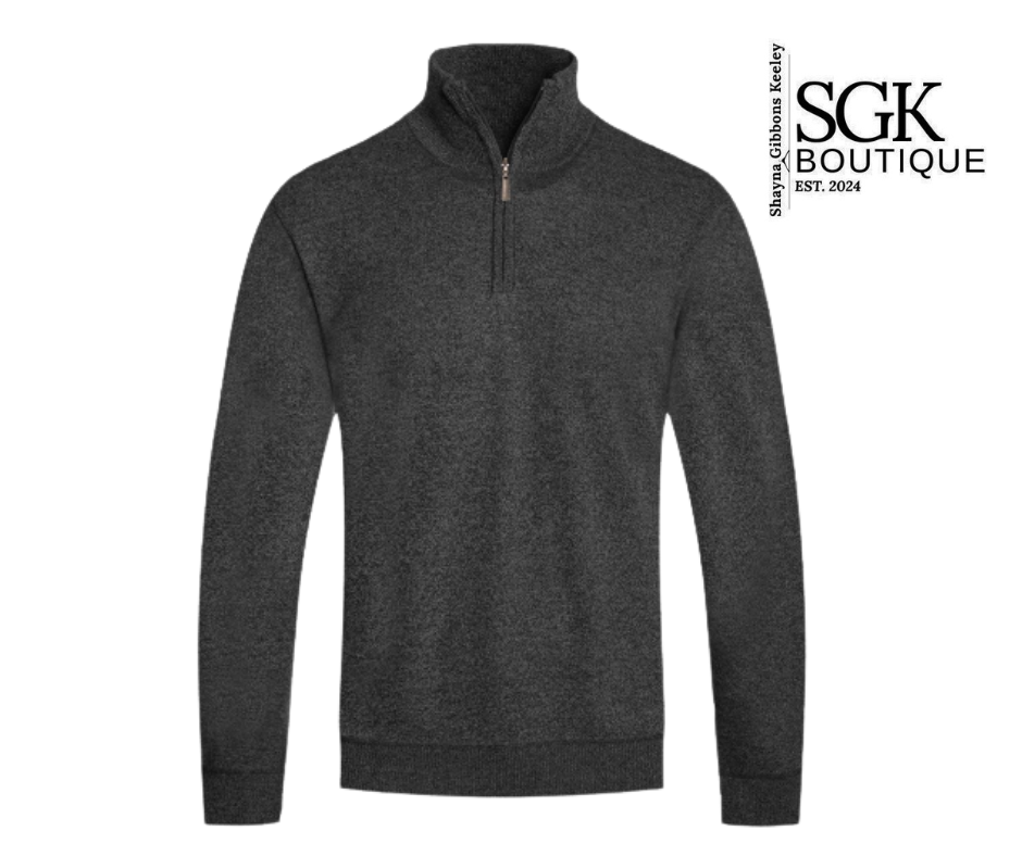 Dark gray zip-up sweatshirt on a white background with SGK Boutique logo.