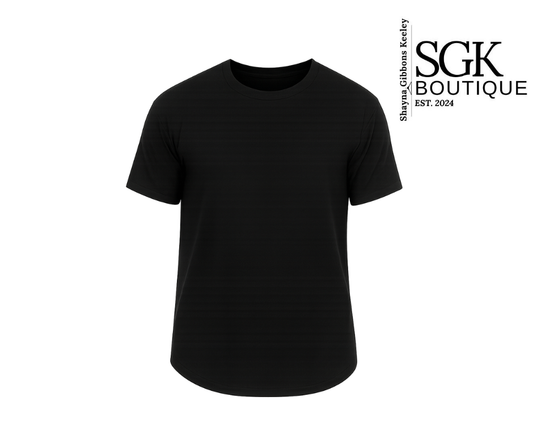 Black t-shirt on a white background with SGK Boutique logo.