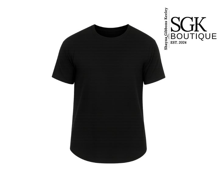 Black t-shirt on a white background with SGK Boutique logo.