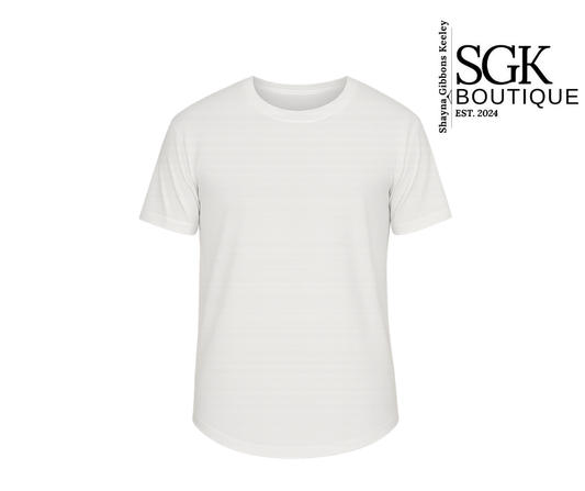 White t-shirt on a white background with SGK Boutique logo.