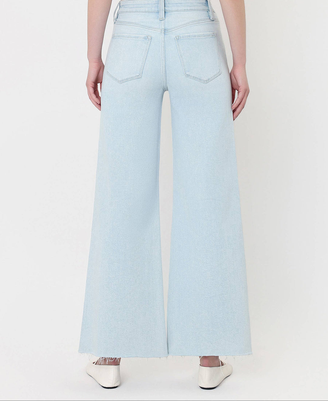 Light blue jeans worn by a person on a white background