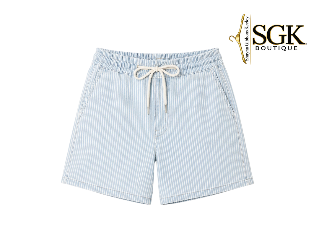 Light blue striped shorts with a drawstring on a white background, featuring the SGK Boutique logo.