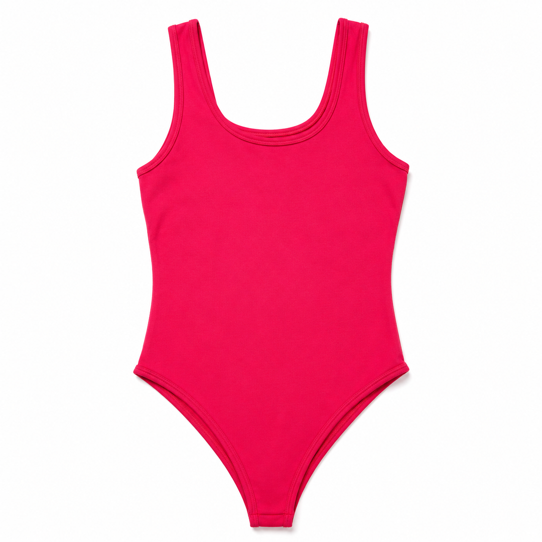 A bright pink sleeveless bodysuit or one-piece swimsuit with a scoop neckline, displayed flat against a plain white background.
