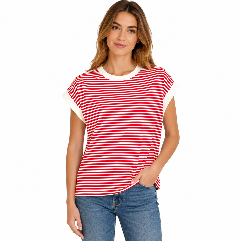 Woman wearing a red and white striped shirt with blue jeans on a white background