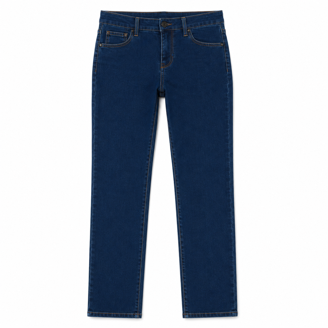 A pair of dark blue denim jeans shown flat against a solid white background.