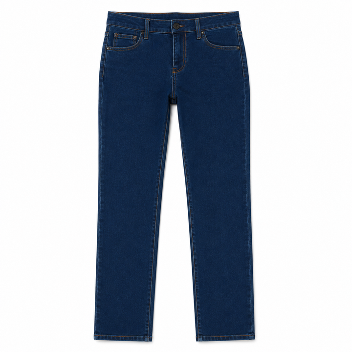 A pair of dark blue denim jeans shown flat against a solid white background.