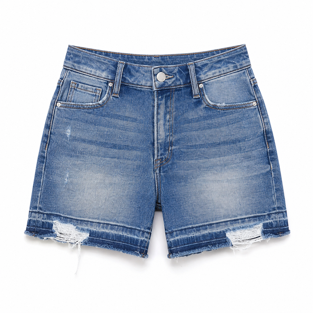 Light wash blue denim shorts with a distressed, frayed hem and whiskering details, shown flat on a white background.