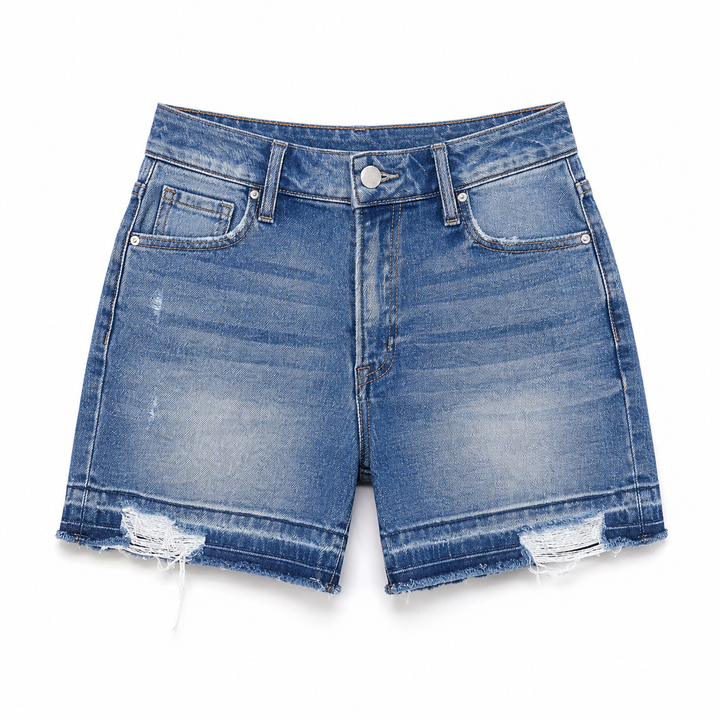 Light wash blue denim shorts with a distressed, frayed hem and whiskering details, shown flat on a white background.