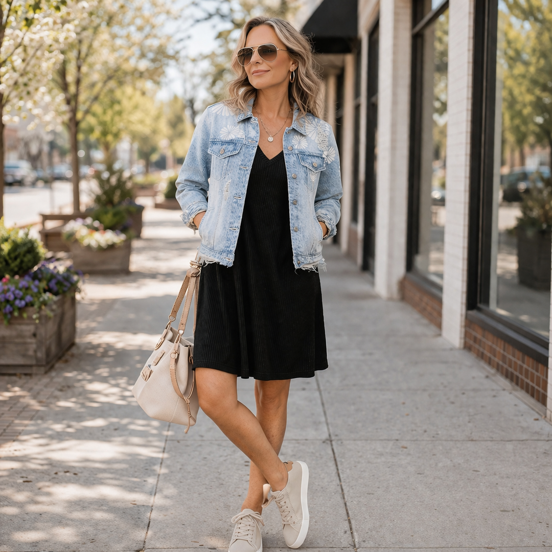 Woman walking on a sidewalk wearing a black dress, denim jacket, and white sneakers.