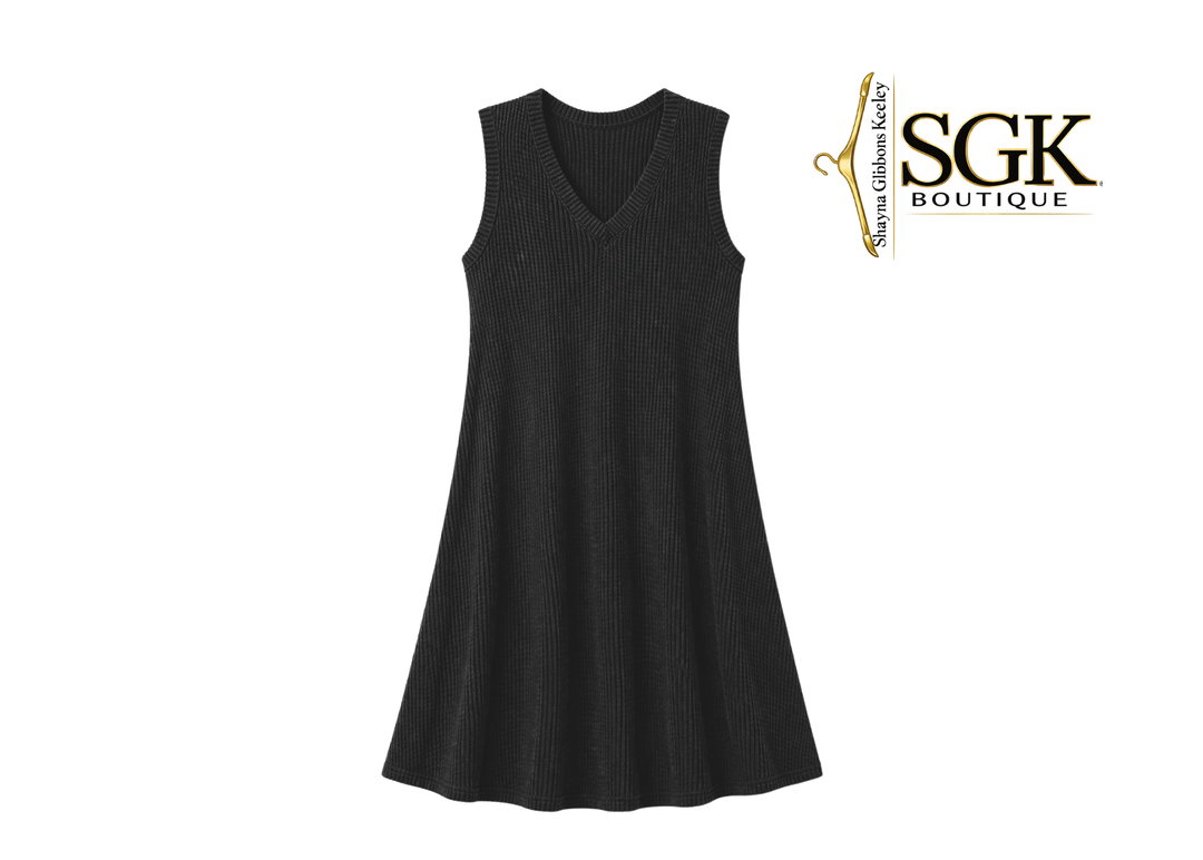 Black sleeveless dress on a white background with SGK Boutique logo.
