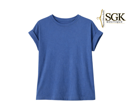 Blue t-shirt on a white background with SGK Boutique logo.