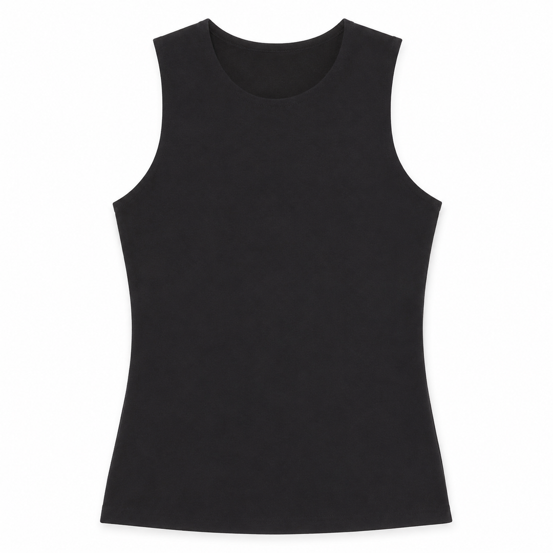 A black sleeveless tank top with a wide crew neckline, displayed flat against a solid white background.