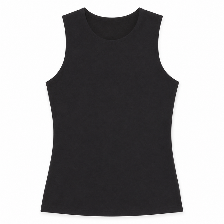 A black sleeveless tank top with a wide crew neckline, displayed flat against a solid white background.
