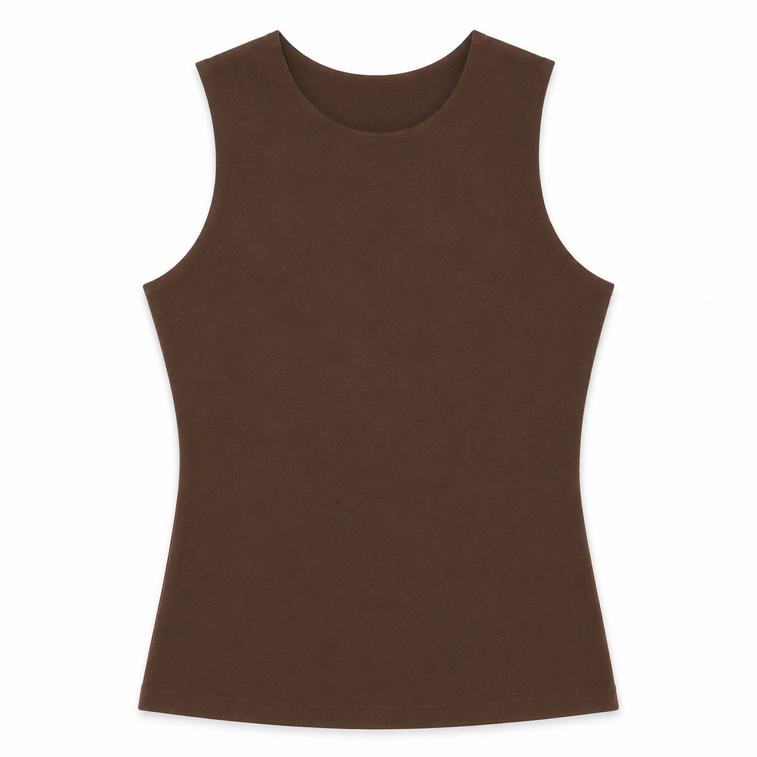 A sleeveless brown tank top with a crew neck, displayed flat against a plain white background.