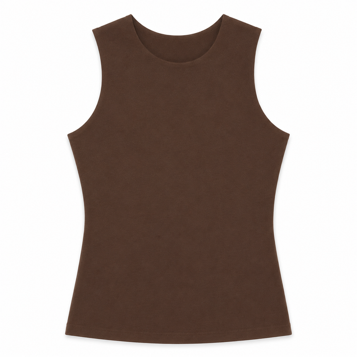 A sleeveless brown tank top with a crew neck, displayed flat against a plain white background.