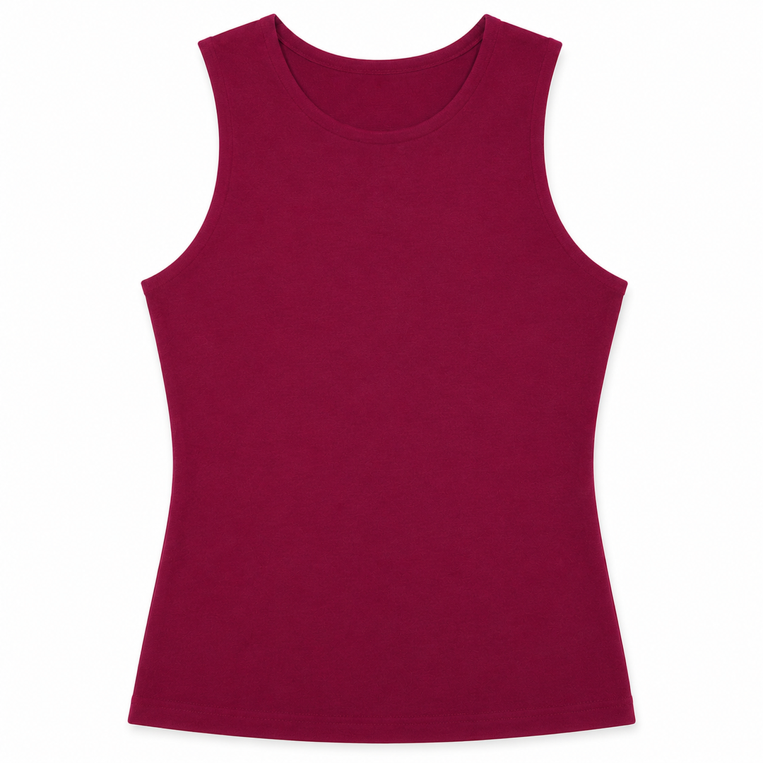 A sleeveless crew-neck tank top in a deep burgundy color, displayed flat against a solid white background.