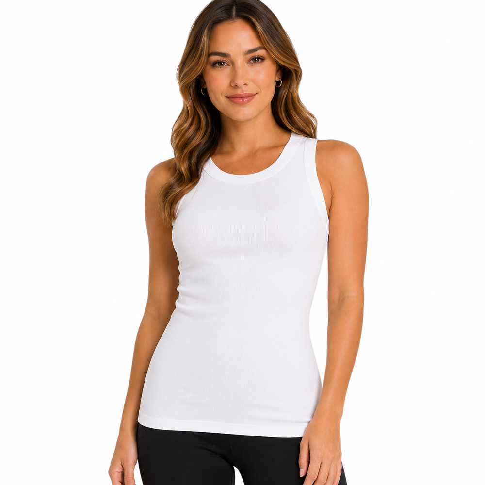 A woman modeling a white sleeveless crew-neck tank top against a plain white background.